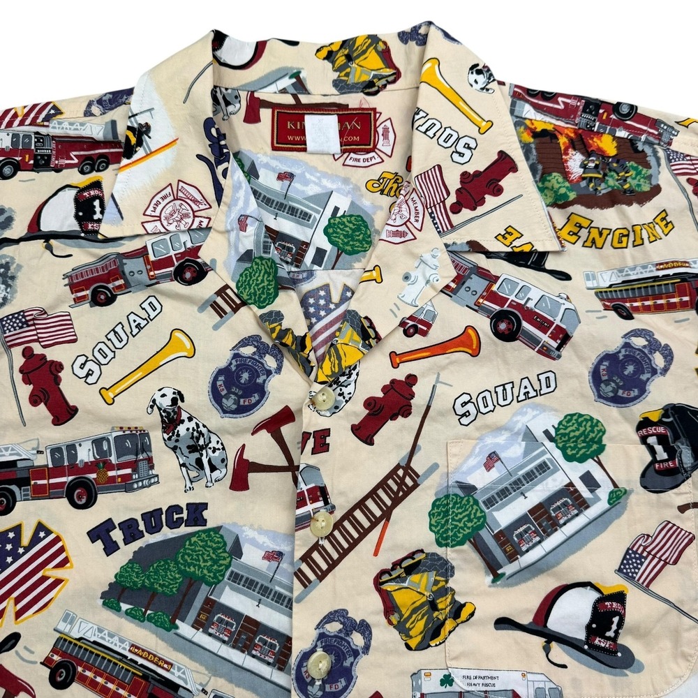 KIMOSHAN Shirt Mens XL Beige Short Sleeve Button Up Hawaiian Firefighter Aloha